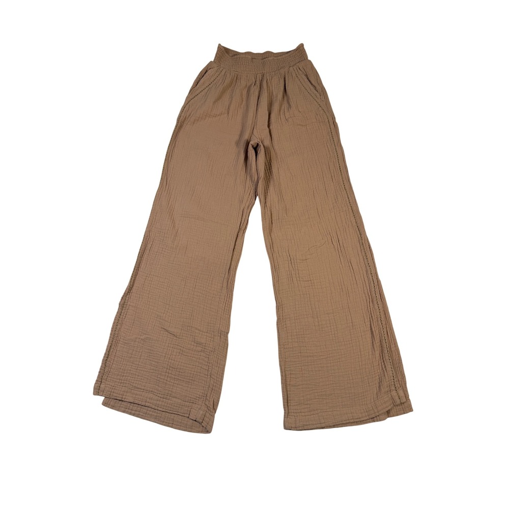 Aerie Wide Leg Gauze Pants Brown Smocked Waist Slit Pockets Small Petite - Picture 2 of 10